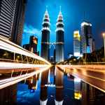 A breathtaking night cityscape of Kuala Lumpur, showcasing the brightly lit Petronas Twin Towers and KL Tower piercing the dark sky. Below, dynamic light trails from cars create artistic streaks on a bustling street. Reflective puddles on the ground mirror the vibrant city lights, adding depth and a sense of mystique. The overall scene captures the lively and grand essence of an urban Malaysian night, with sharp details and rich colors.