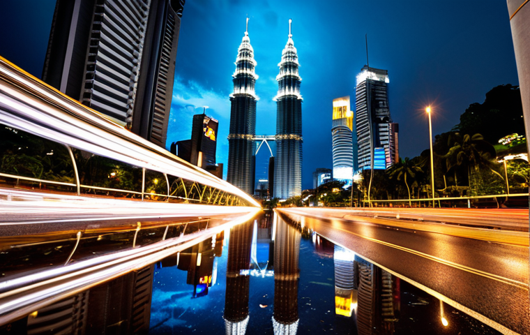 A breathtaking night cityscape of Kuala Lumpur, showcasing the brightly lit Petronas Twin Towers and KL Tower piercing the dark sky. Below, dynamic light trails from cars create artistic streaks on a bustling street. Reflective puddles on the ground mirror the vibrant city lights, adding depth and a sense of mystique. The overall scene captures the lively and grand essence of an urban Malaysian night, with sharp details and rich colors.