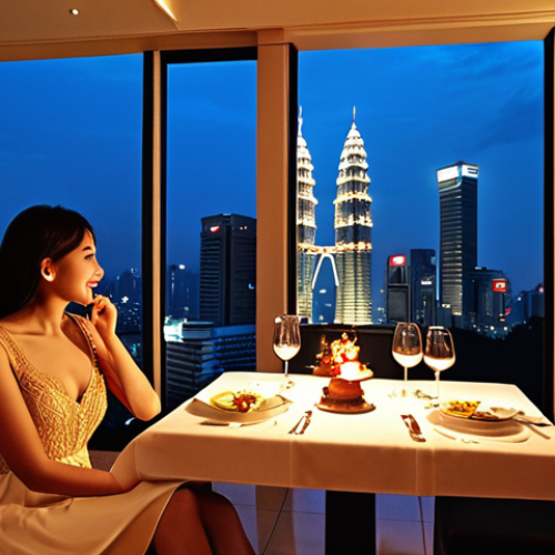 **Image Prompt 1: Luxurious Rooftop City View**
    "A young couple enjoying a romantic dinner date at a high-end rooftop restaurant in Kuala Lumpur, Malaysia. The iconic Petronas Twin Towers and Merdeka 118 are brightly illuminated in the background, set against a deep blue night sky. The table is adorned with a gourmet meal, subtle warm lighting, and a soft, intimate ambiance. The overall scene exudes elegance, luxury, and the vibrant energy of a glittering city night. High resolution, cinematic lighting, realistic."