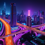 A stunning modern art installation depicting the vibrant dynamism of a Southeast Asian city at night. Focus on glowing skyscrapers with intricate LED patterns, dynamic light trails from vehicles on bustling expressways, and subtle interactive light projections that convey the city's "never-sleeping" energy. The overall feel should be a blend of urban chaos and captivating beauty, hinting at the hidden narratives within the city's glow. Emphasize a futuristic, contemporary digital art style with a rich palette of deep blues, purples, electric neons, and warm city light oranges, rendered with photorealistic precision.