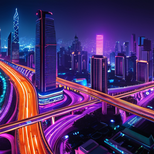 A stunning modern art installation depicting the vibrant dynamism of a Southeast Asian city at night. Focus on glowing skyscrapers with intricate LED patterns, dynamic light trails from vehicles on bustling expressways, and subtle interactive light projections that convey the city's "never-sleeping" energy. The overall feel should be a blend of urban chaos and captivating beauty, hinting at the hidden narratives within the city's glow. Emphasize a futuristic, contemporary digital art style with a rich palette of deep blues, purples, electric neons, and warm city light oranges, rendered with photorealistic precision.