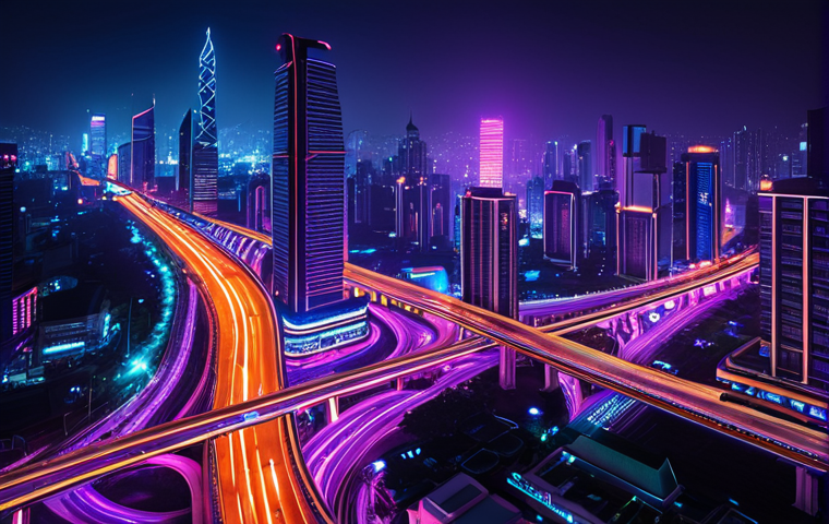 A stunning modern art installation depicting the vibrant dynamism of a Southeast Asian city at night. Focus on glowing skyscrapers with intricate LED patterns, dynamic light trails from vehicles on bustling expressways, and subtle interactive light projections that convey the city's "never-sleeping" energy. The overall feel should be a blend of urban chaos and captivating beauty, hinting at the hidden narratives within the city's glow. Emphasize a futuristic, contemporary digital art style with a rich palette of deep blues, purples, electric neons, and warm city light oranges, rendered with photorealistic precision.